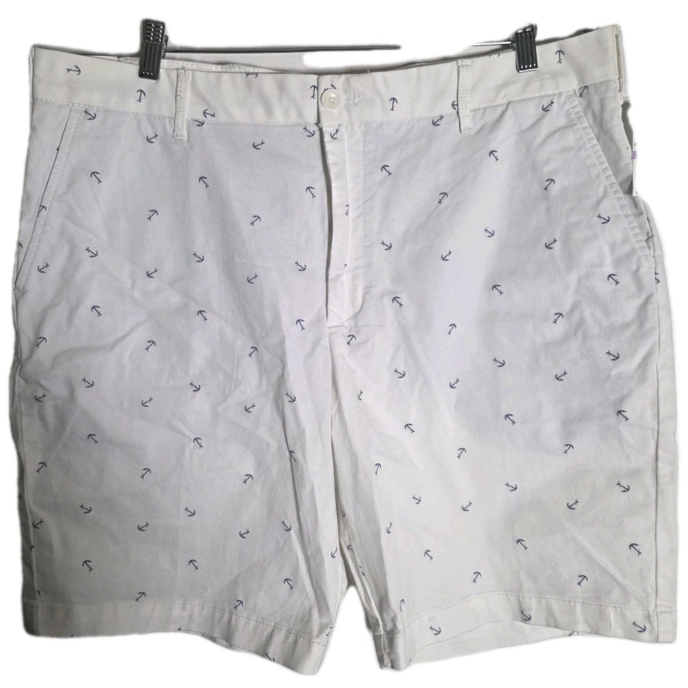 NWT IZOD Saltwater Stretch Shorts Men's 38 White Anchor Print Flat Front 9.5"...